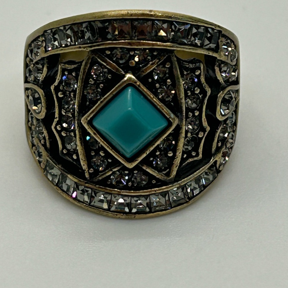 Heidi Daus Art Deco Crystal & Turquoise Ring Sz 7 - Picture 8 of 8